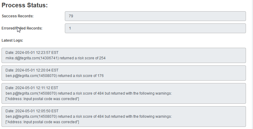 Ekata logs with risk scores and errors